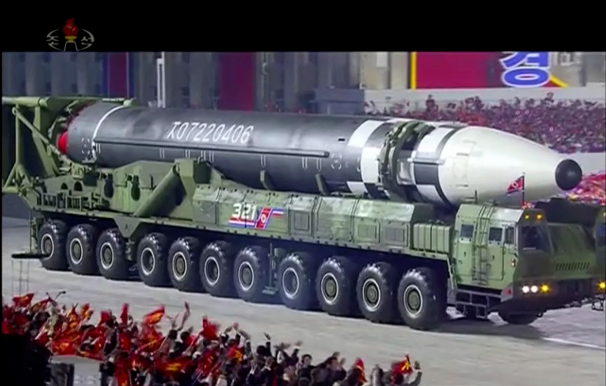 This image made from video broadcast by North Korea's KRT, shows a military parade with what appears to be possible new intercontinental ballistic missile at the Kim Il Sung Square in Pyongyang, Oct. 10, 2020.