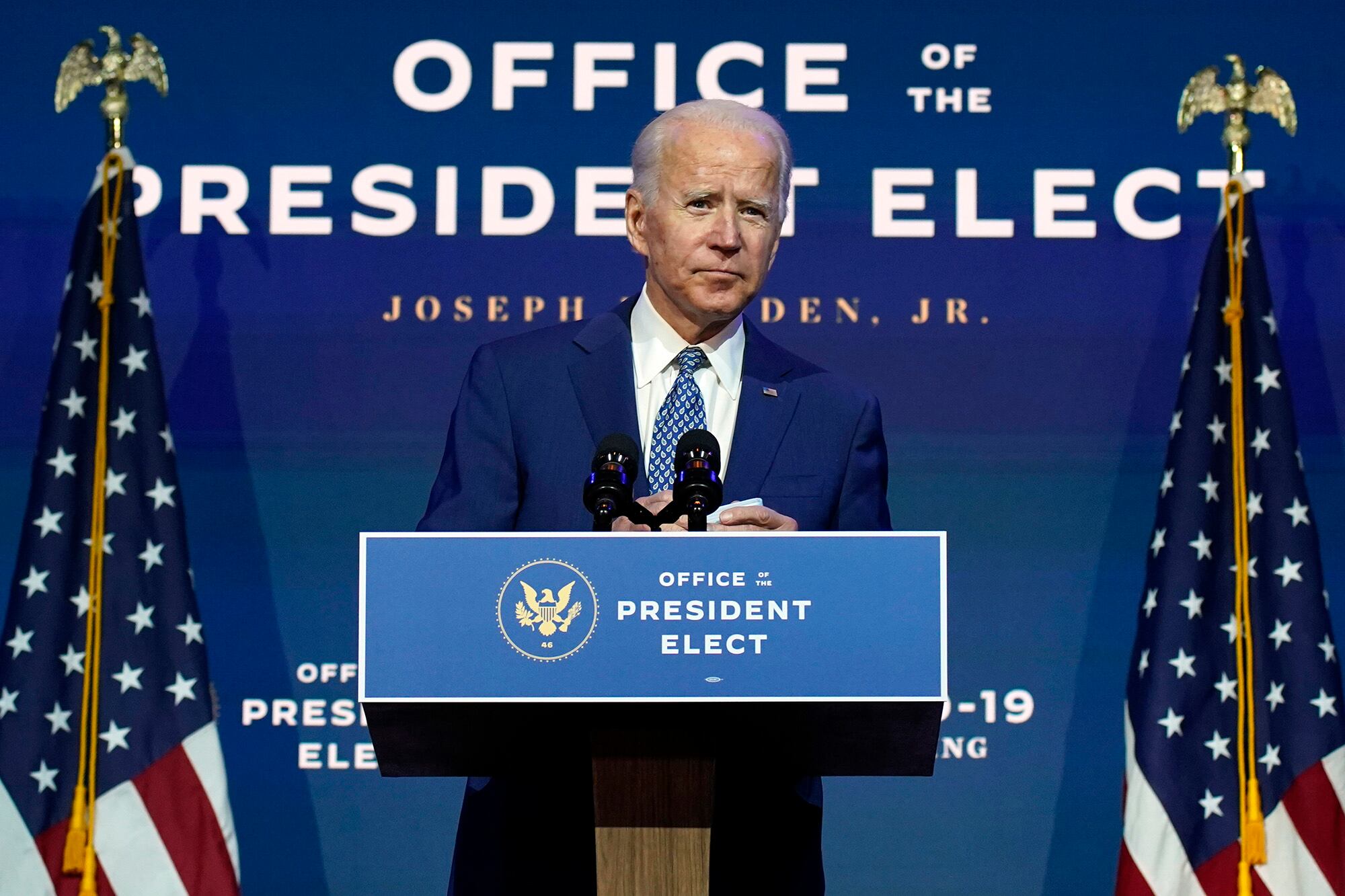 President-elect Joe Biden speaks Monday, Nov. 9, 2020, at The Queen theater in Wilmington, Del.