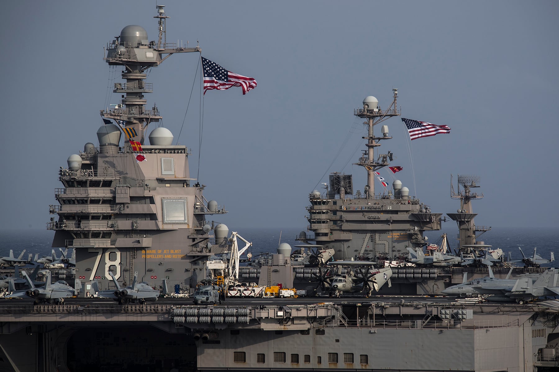 The Ford-class aircraft carrier USS Gerald R. Ford (CVN 78) and the Nimitz-class aircraft carrier USS Harry S. Truman (CVN 75) transit the Atlantic Ocean June 4, 2020, marking the first time a Ford-class and a Nimitz-class aircraft carrier have operated together underway.