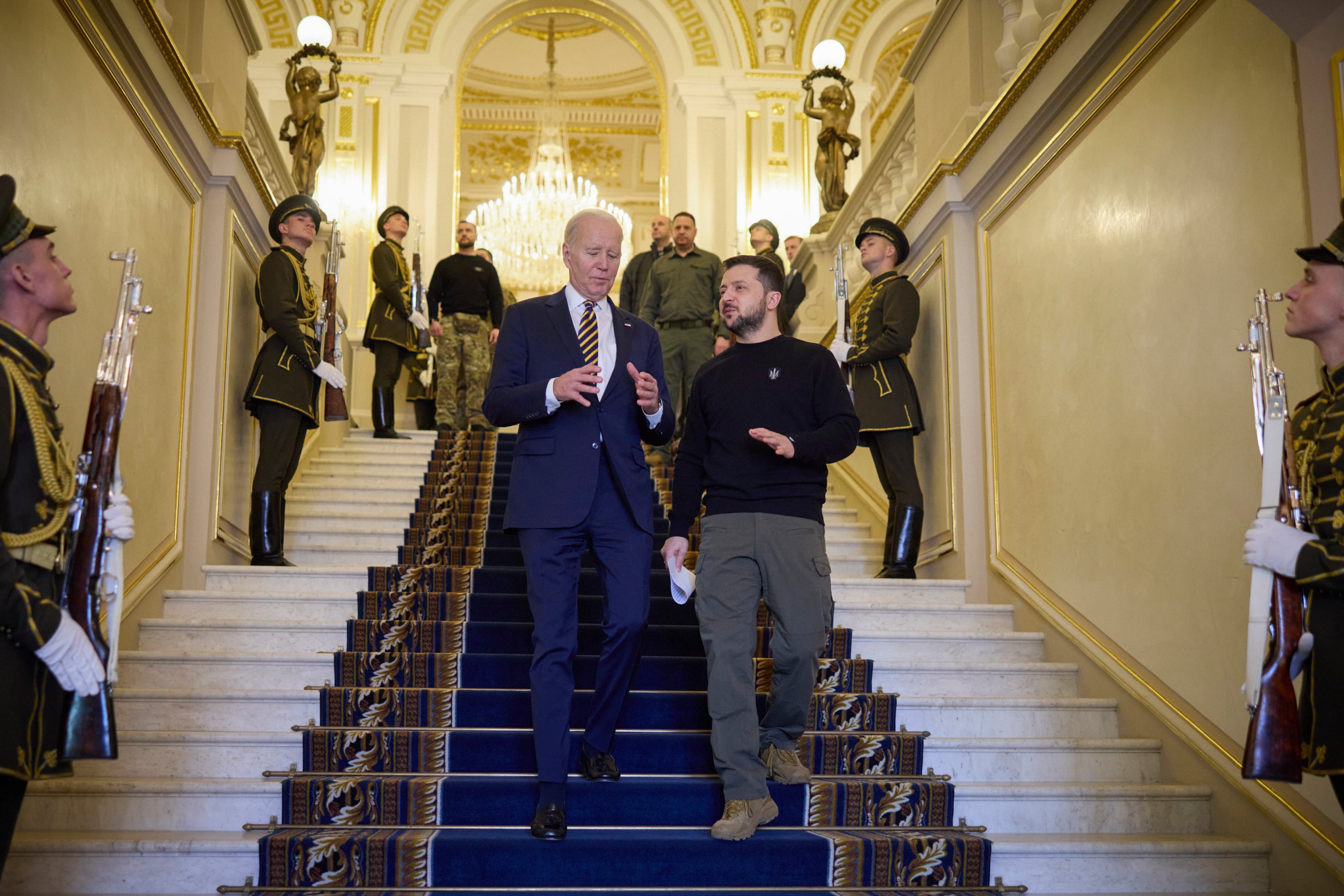 President Joe Biden, centre left, meets with Ukrainian President Volodymyr Zelenskyy at Mariinsky Palace during an unannounced visit in Kyiv, Ukraine, Monday, Feb. 20, 2023.