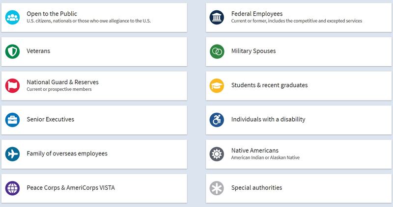 Federal hiring path icons are listed on a blue background.