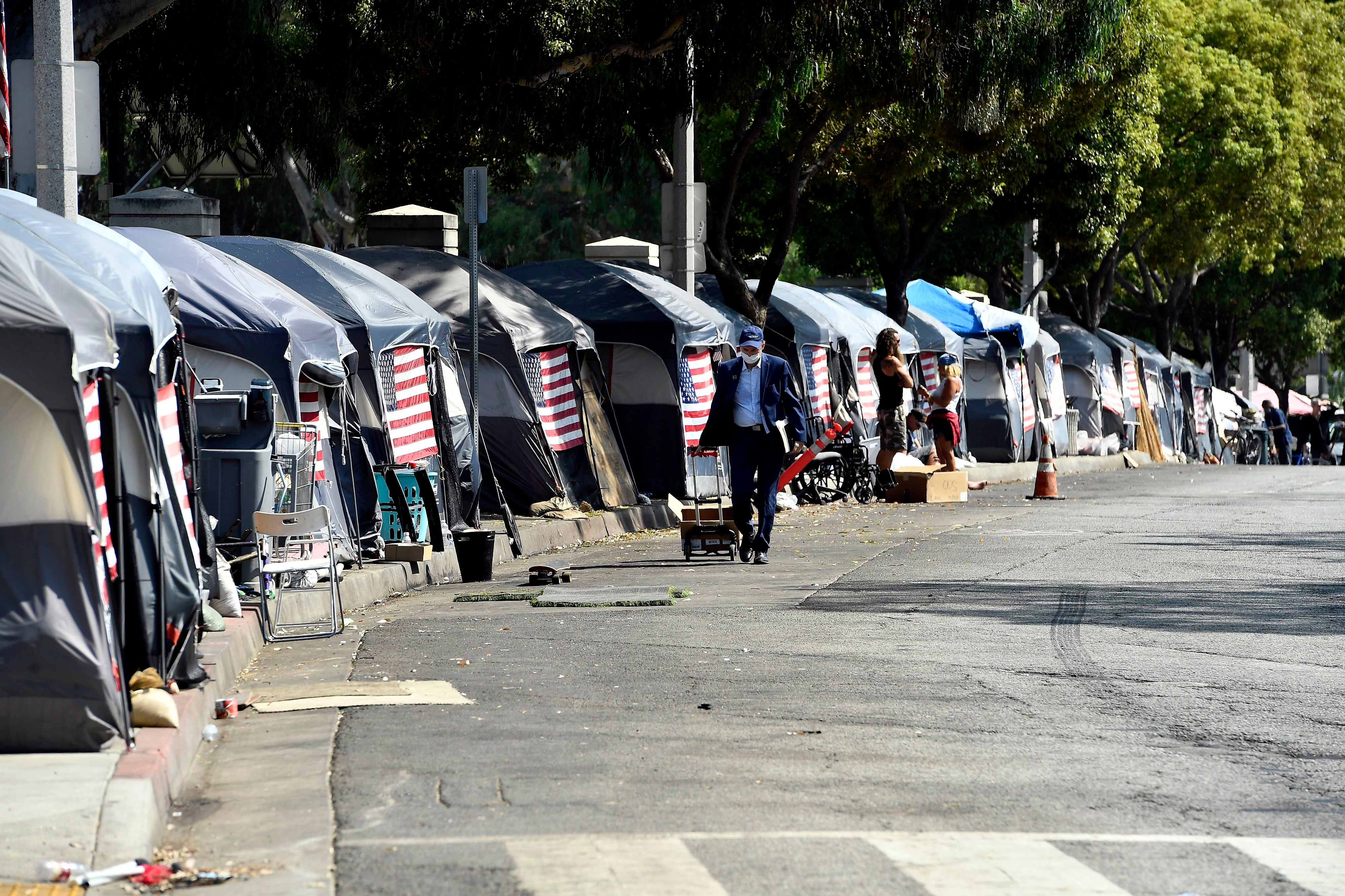 Homeless U.S. veteran tents at the VA West Los Angeles Healthcare Campus Japanese Garden on September 24, 2020 in Los Angeles, California.