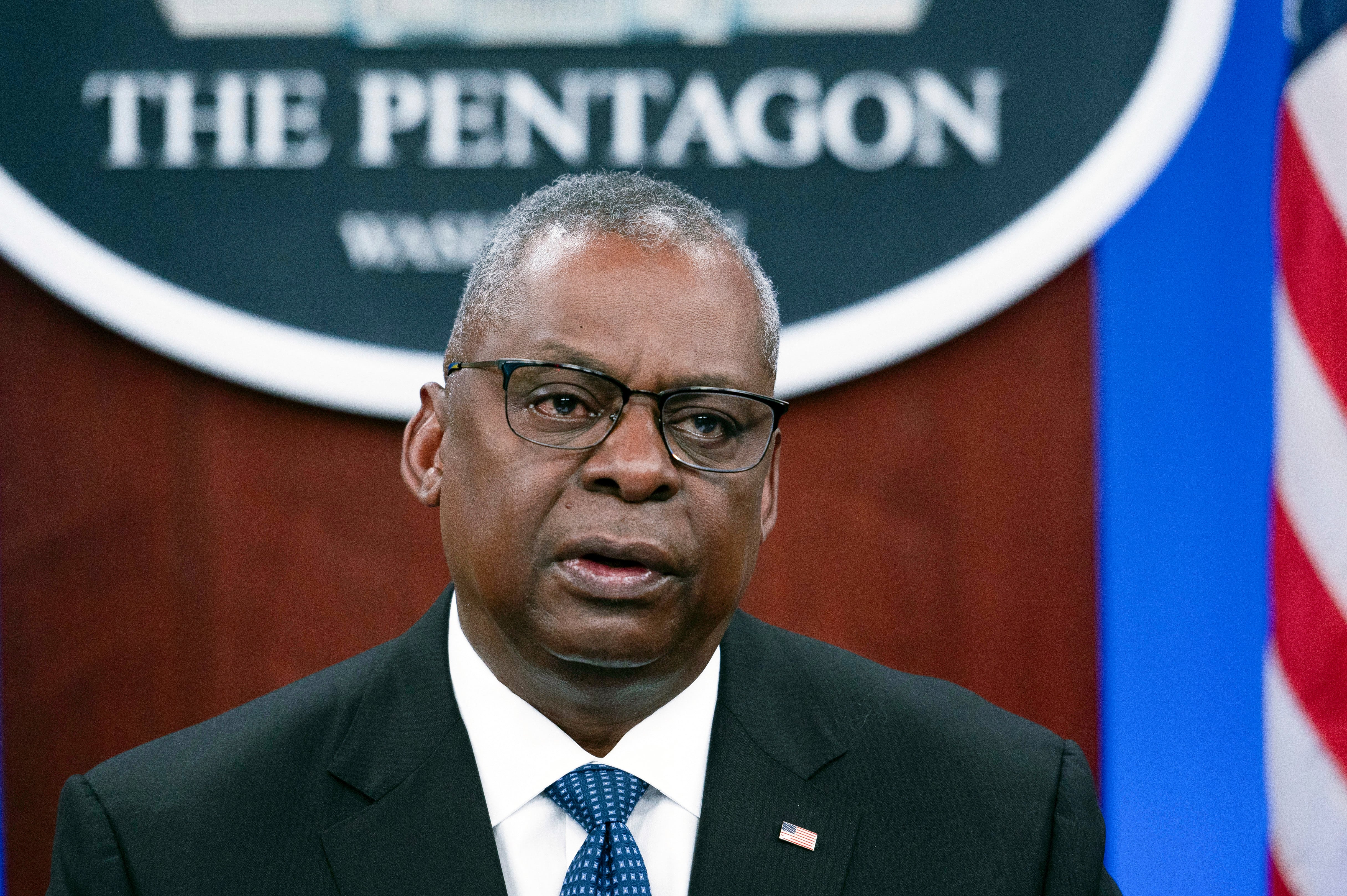 Secretary of Defense Lloyd Austin speaks at a virtual Ukraine Defense Contact Group (UDCG) meeting, Nov. 22, 2023, at the Pentagon in Washington.