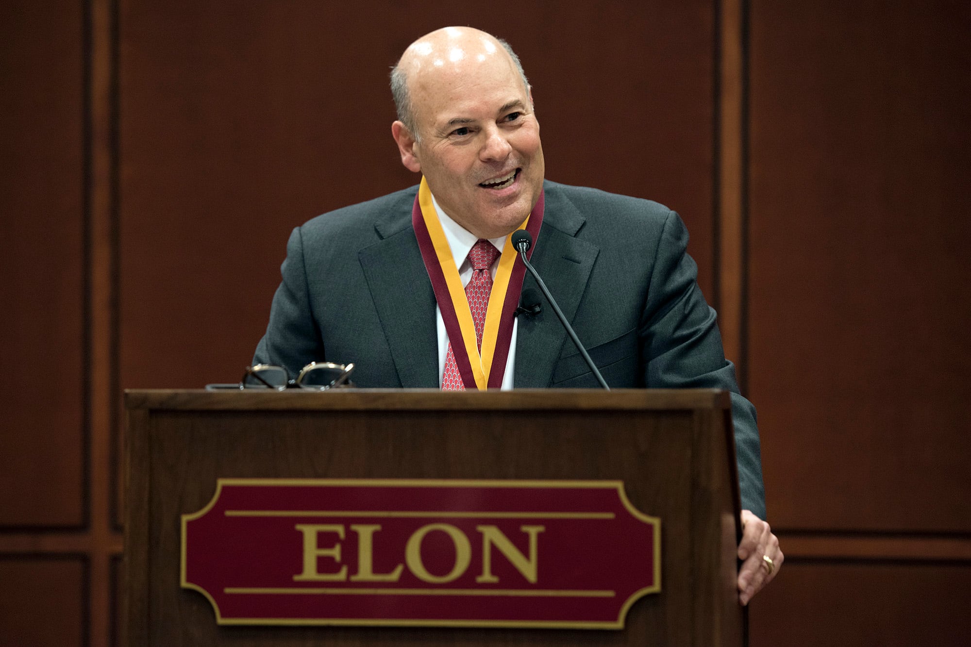 In this March 1, 2017, file photo, Elon Trustee Louis DeJoy is honored with Elon's Medal for Entrepreneurial Leadership in Elon, N.C.