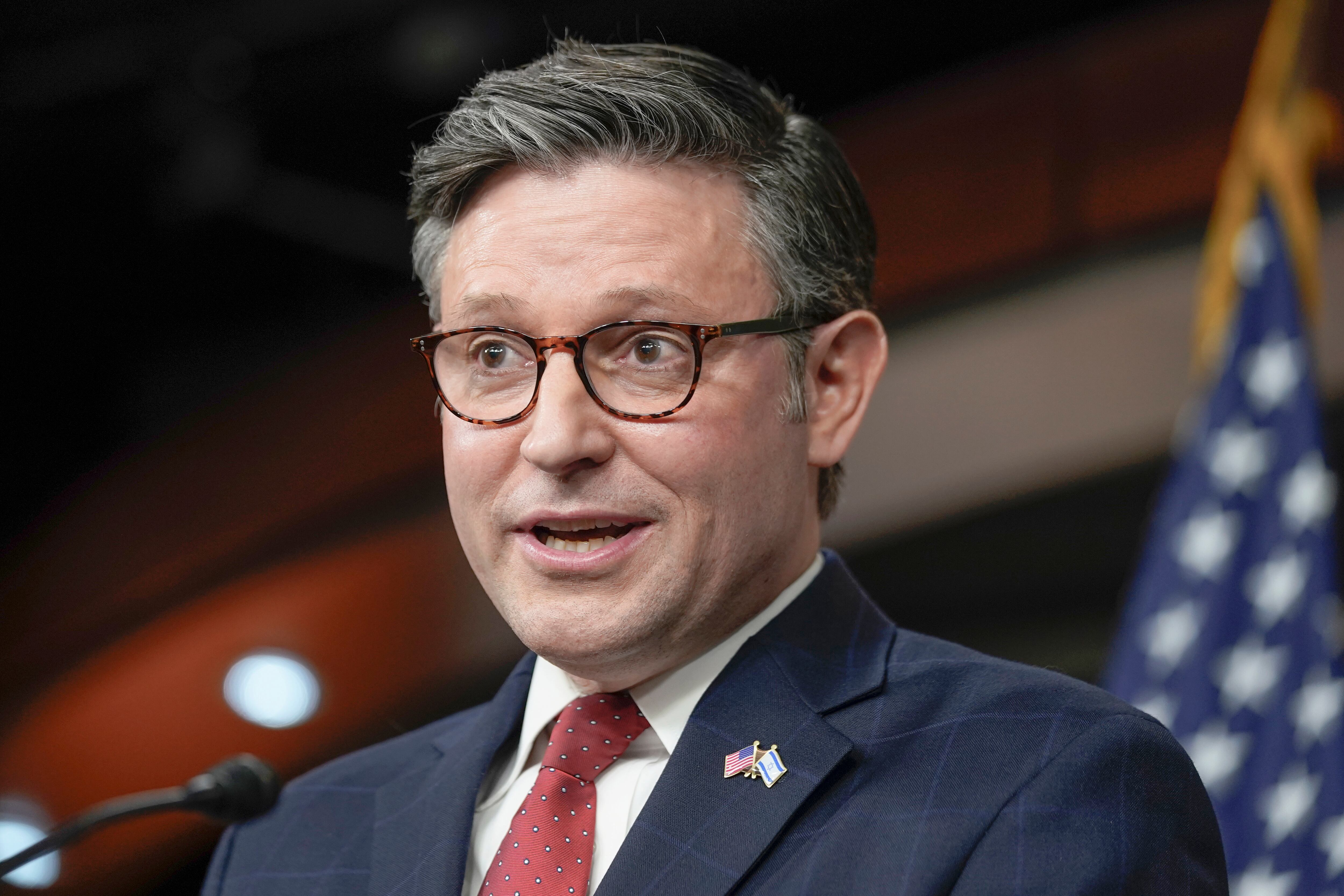 Speaker of the House Mike Johnson, R-La., meets with reporters ahead of a crucial vote on a continuing resolution to keep the government funded at its current levels, a measure not heartily supported by the hard right wing of his party, at the Capitol in Washington, Tuesday, Nov. 14, 2023.