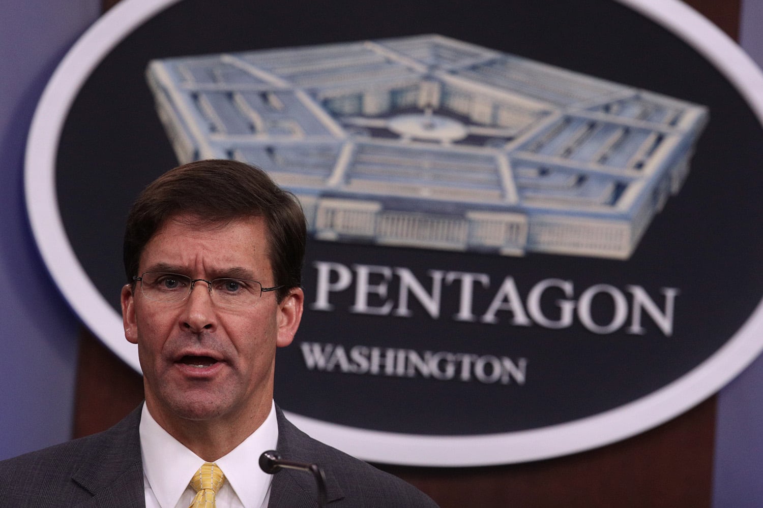 Secretary of Defense Mark Esper holds a media briefing at the Pentagon on Aug. 28, 2019, in Arlington, Va.